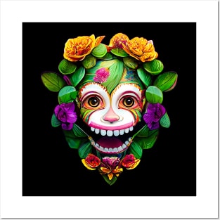 Painted Monkey Face Surrounded by Yellow and Purple Flowers Posters and Art